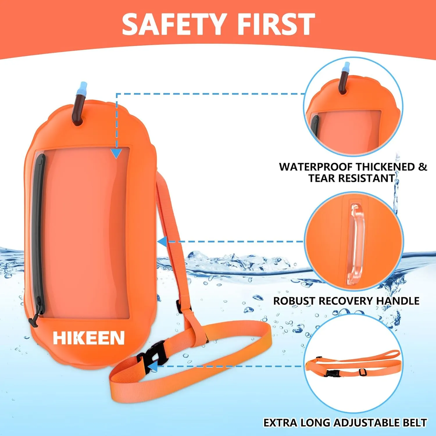 Hikeen Swim Buoy -Waterproof Touchscreen Storage Space, Swim Buoy w/Adjustable Waist Belt for Open Water Swimmers -Be Bright Be Safer