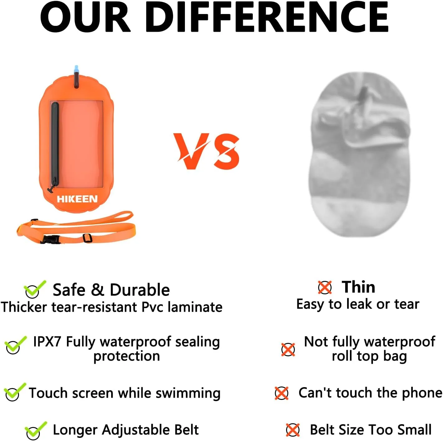 Hikeen Swim Buoy -Waterproof Touchscreen Storage Space, Swim Buoy w/Adjustable Waist Belt for Open Water Swimmers -Be Bright Be Safer