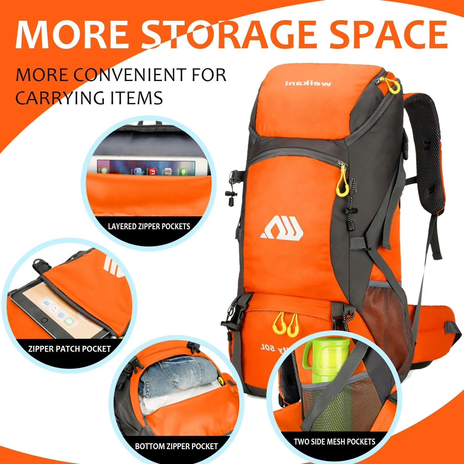Hiking Backpack 50L, Lightweight Travel Backpack Camping Essentials Bag Outdoor Sport Daypack for Men Women Trekking Hunting Adventure Gear (Orange)