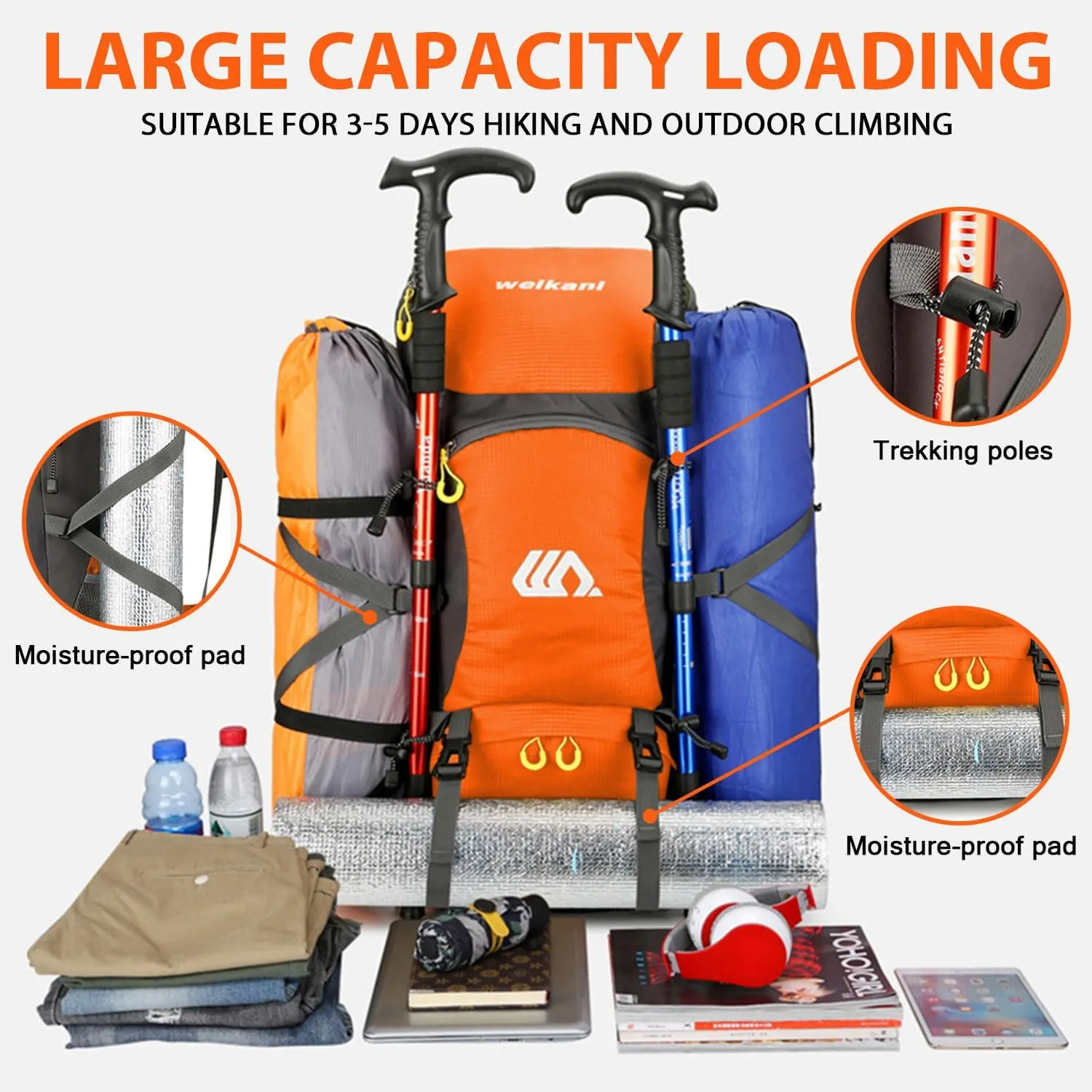 Hiking Backpack 50L, Lightweight Travel Backpack Camping Essentials Bag Outdoor Sport Daypack for Men Women Trekking Hunting Adventure Gear (Orange)