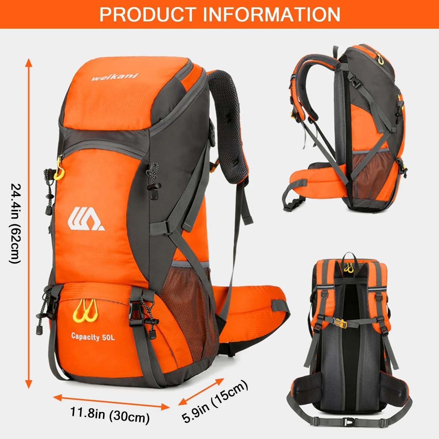 Hiking Backpack 50L, Lightweight Travel Backpack Camping Essentials Bag Outdoor Sport Daypack for Men Women Trekking Hunting Adventure Gear (Orange)