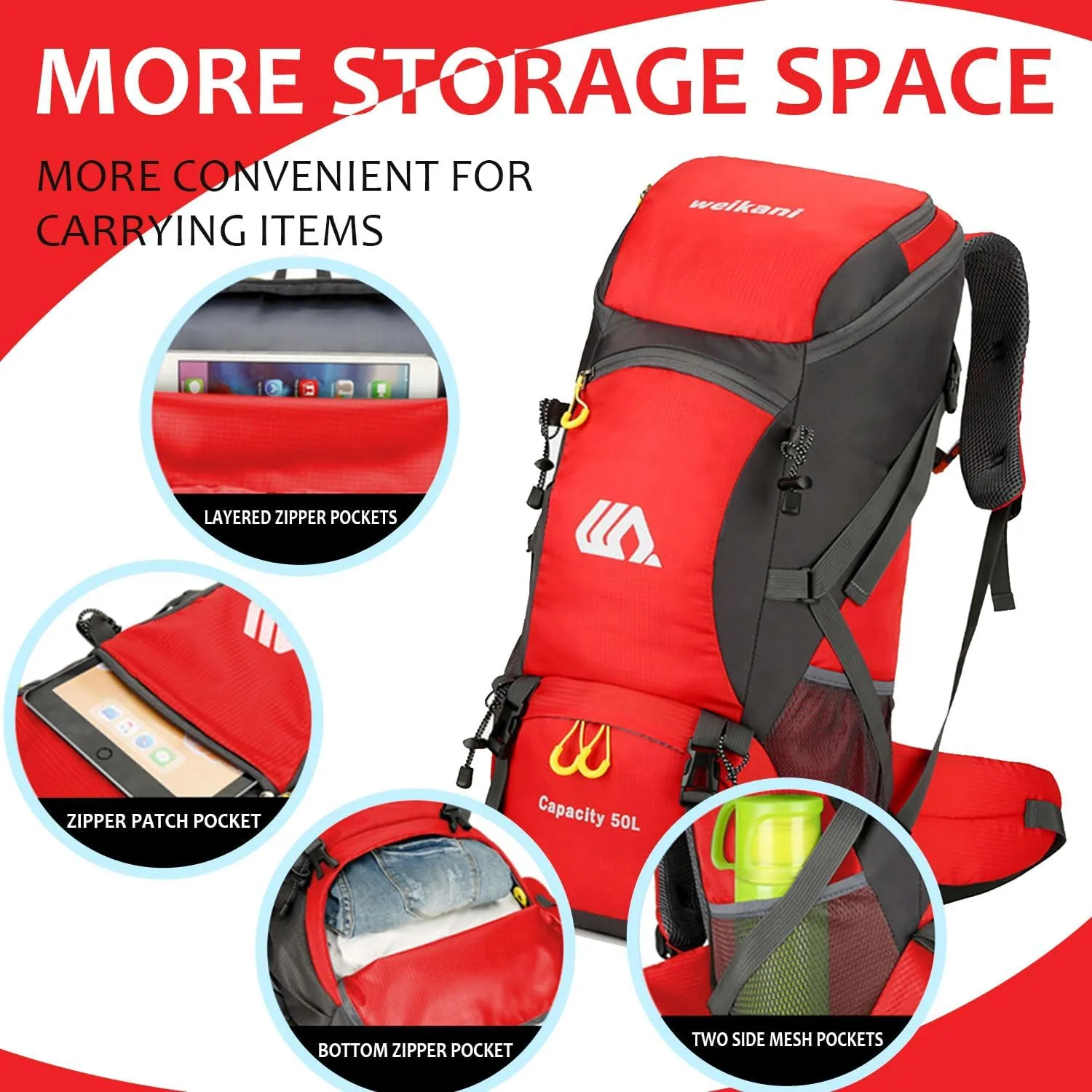 Hiking Backpack 50L, Lightweight Travel Backpack Camping Essentials Bag Outdoor Sport Daypack for Men Women Trekking Hunting Adventure Gear (Red)