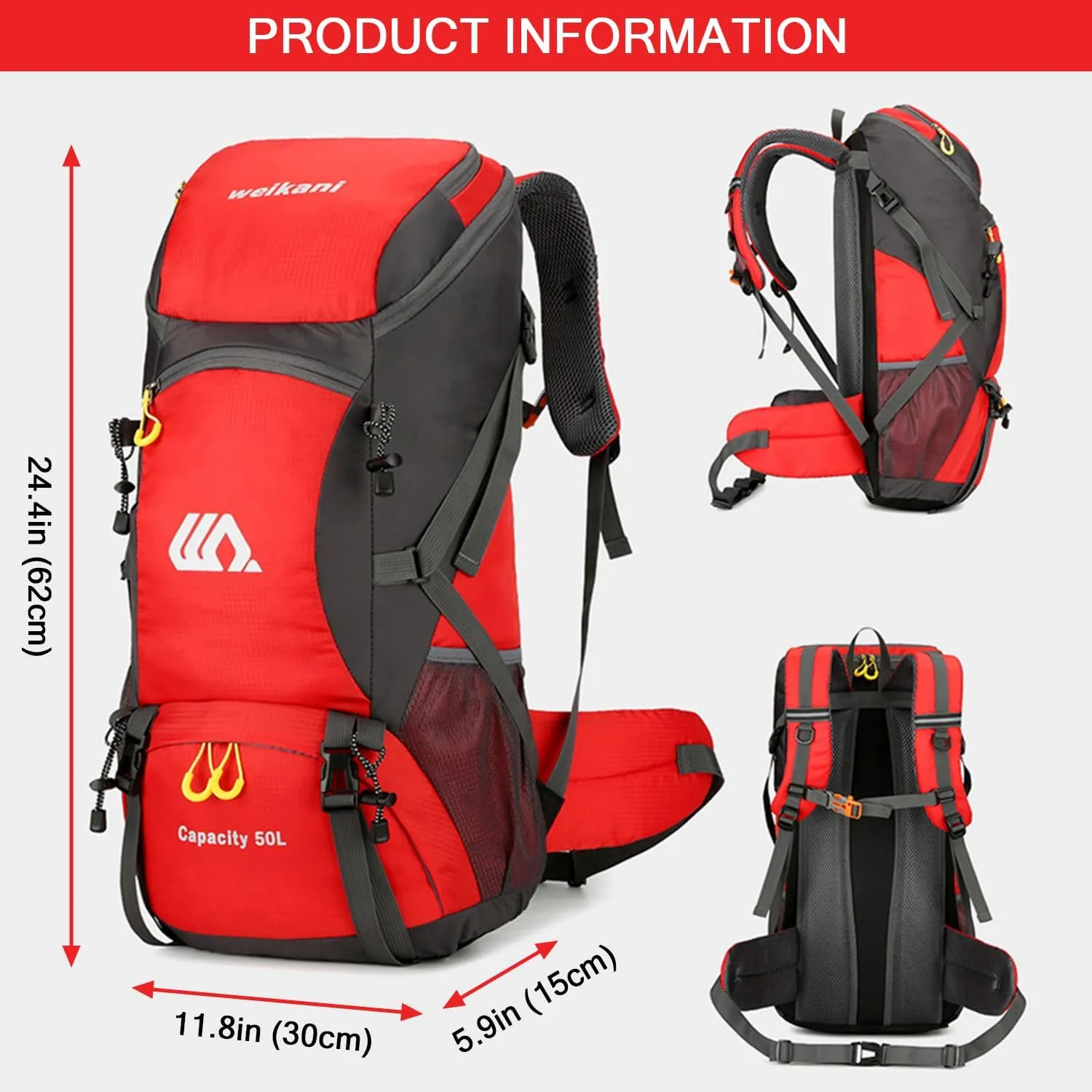Hiking Backpack 50L, Lightweight Travel Backpack Camping Essentials Bag Outdoor Sport Daypack for Men Women Trekking Hunting Adventure Gear (Red)