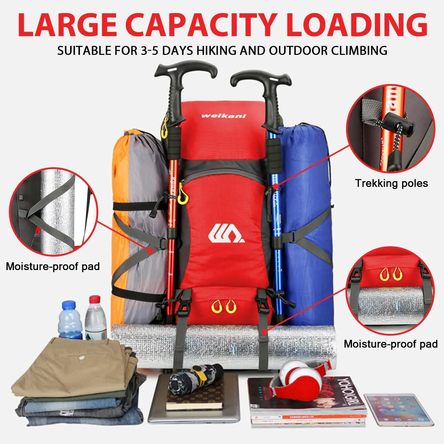 Hiking Backpack 50L, Lightweight Travel Backpack Camping Essentials Bag Outdoor Sport Daypack for Men Women Trekking Hunting Adventure Gear (Red)