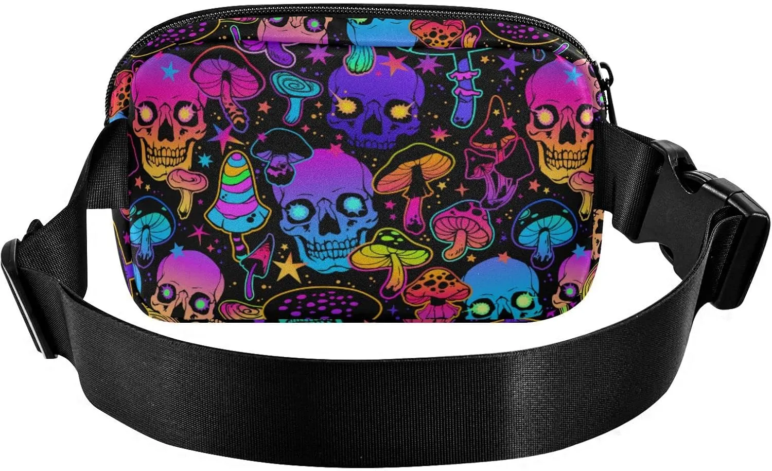 Hiking Fanny Pack Colorful Skull Mushroom Waist Pack Fashion Casual Hip Bum Bag with Adjustable Strap for Women & Men Hands Free Crossbody Bags for Outdoors, Hiking, Running, Travel