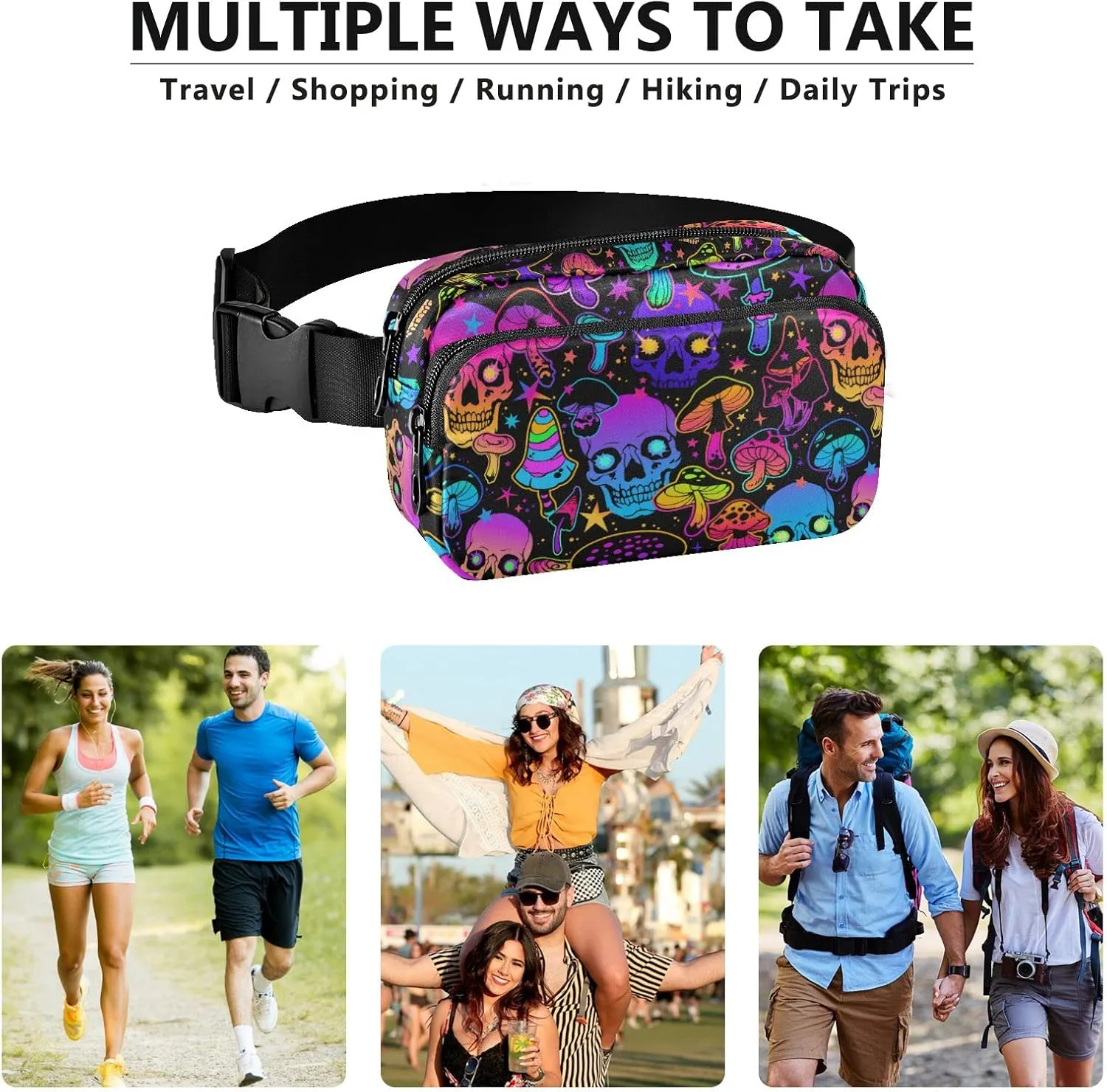 Hiking Fanny Pack Colorful Skull Mushroom Waist Pack Fashion Casual Hip Bum Bag with Adjustable Strap for Women & Men Hands Free Crossbody Bags for Outdoors, Hiking, Running, Travel