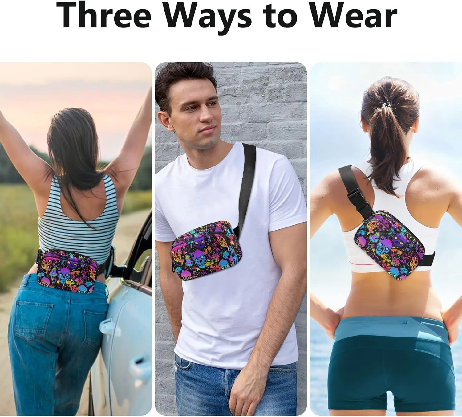 Hiking Fanny Pack Colorful Skull Mushroom Waist Pack Fashion Casual Hip Bum Bag with Adjustable Strap for Women & Men Hands Free Crossbody Bags for Outdoors, Hiking, Running, Travel