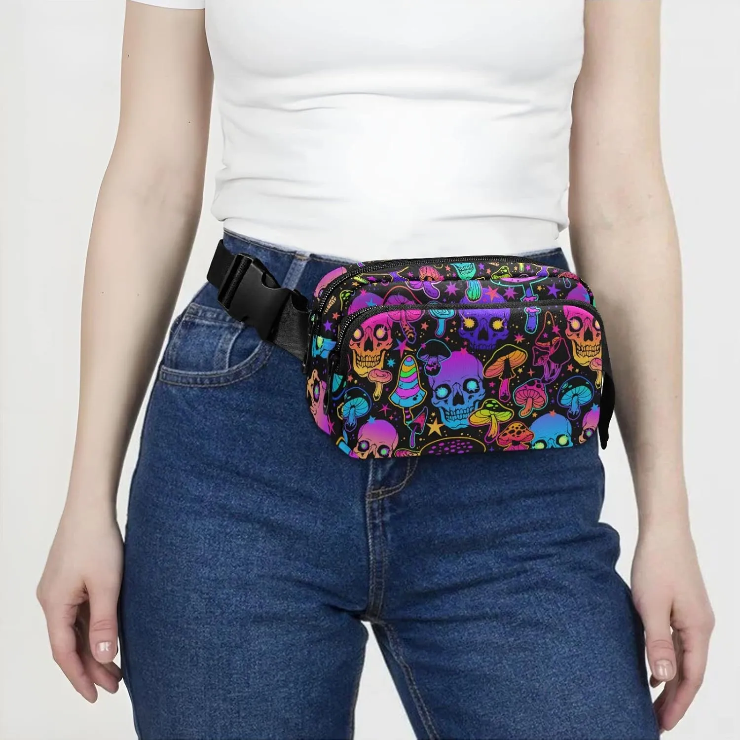 Hiking Fanny Pack Colorful Skull Mushroom Waist Pack Fashion Casual Hip Bum Bag with Adjustable Strap for Women & Men Hands Free Crossbody Bags for Outdoors, Hiking, Running, Travel