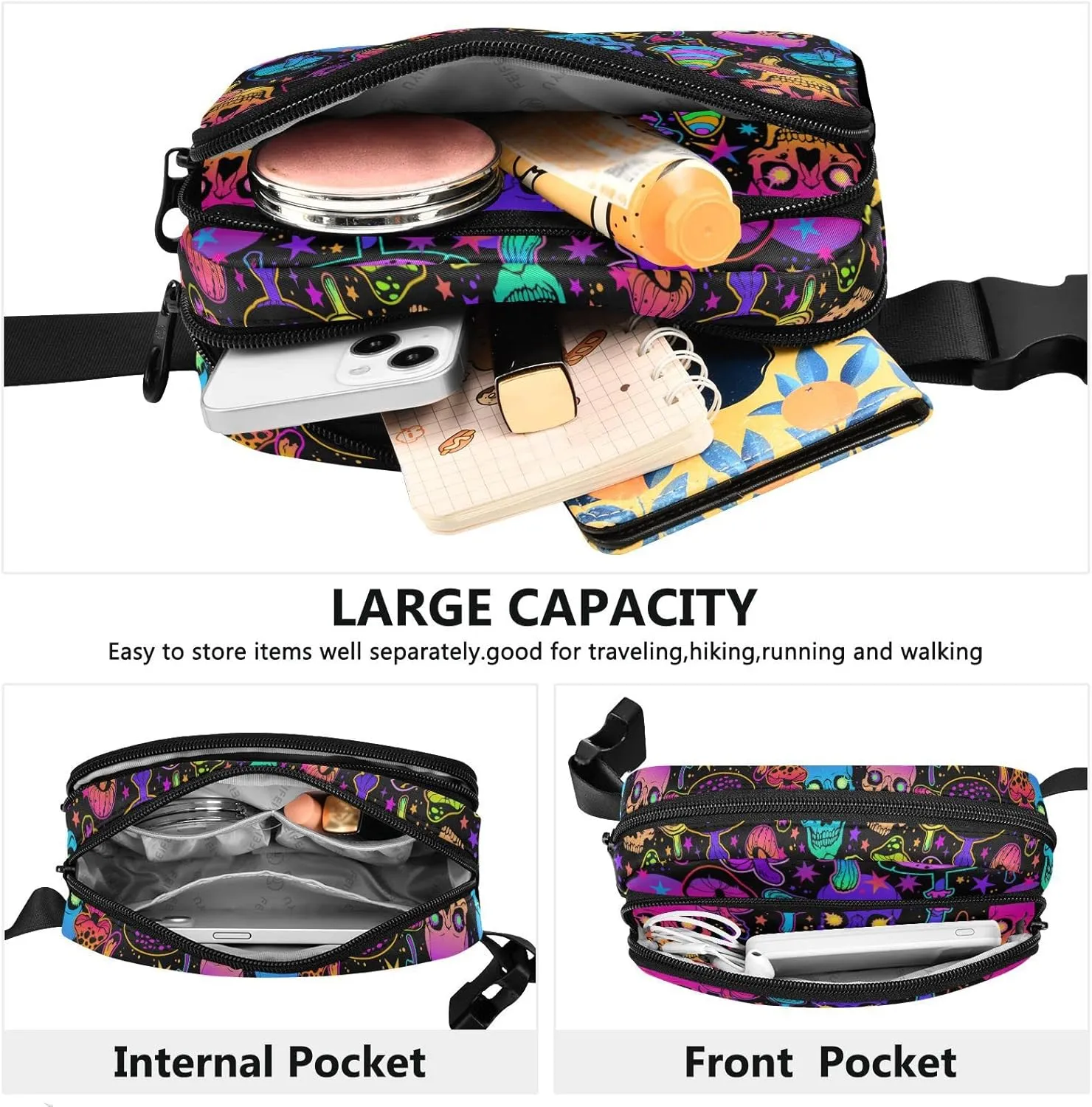 Hiking Fanny Pack Colorful Skull Mushroom Waist Pack Fashion Casual Hip Bum Bag with Adjustable Strap for Women & Men Hands Free Crossbody Bags for Outdoors, Hiking, Running, Travel