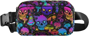 Hiking Fanny Pack Colorful Skull Mushroom Waist Pack Fashion Casual Hip Bum Bag with Adjustable Strap for Women & Men Hands Free Crossbody Bags for Outdoors, Hiking, Running, Travel