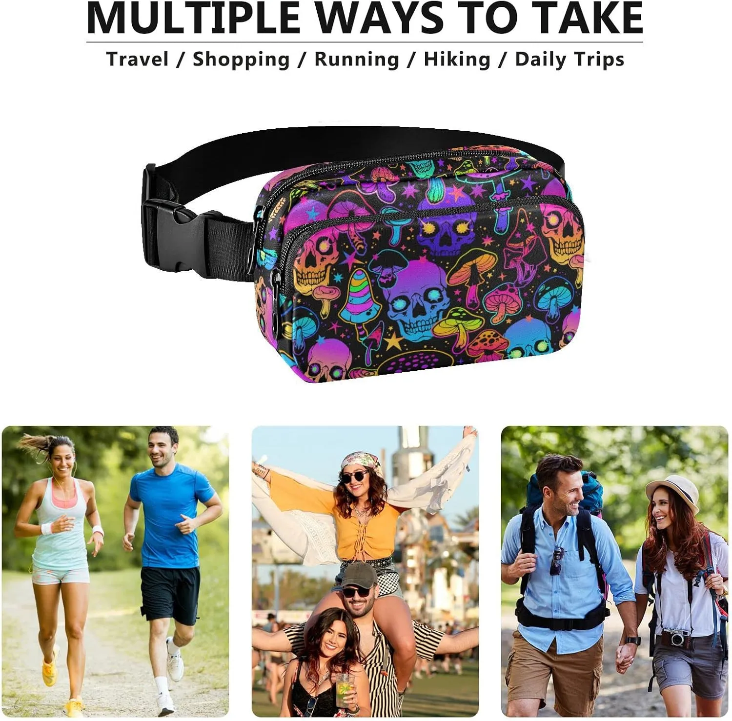 Hiking Fanny Pack Colorful Skull Mushroom Waist Pack Fashion Casual Hip Bum Bag with Adjustable Strap for Women & Men Hands Free Crossbody Bags for Outdoors, Hiking, Running, Travel