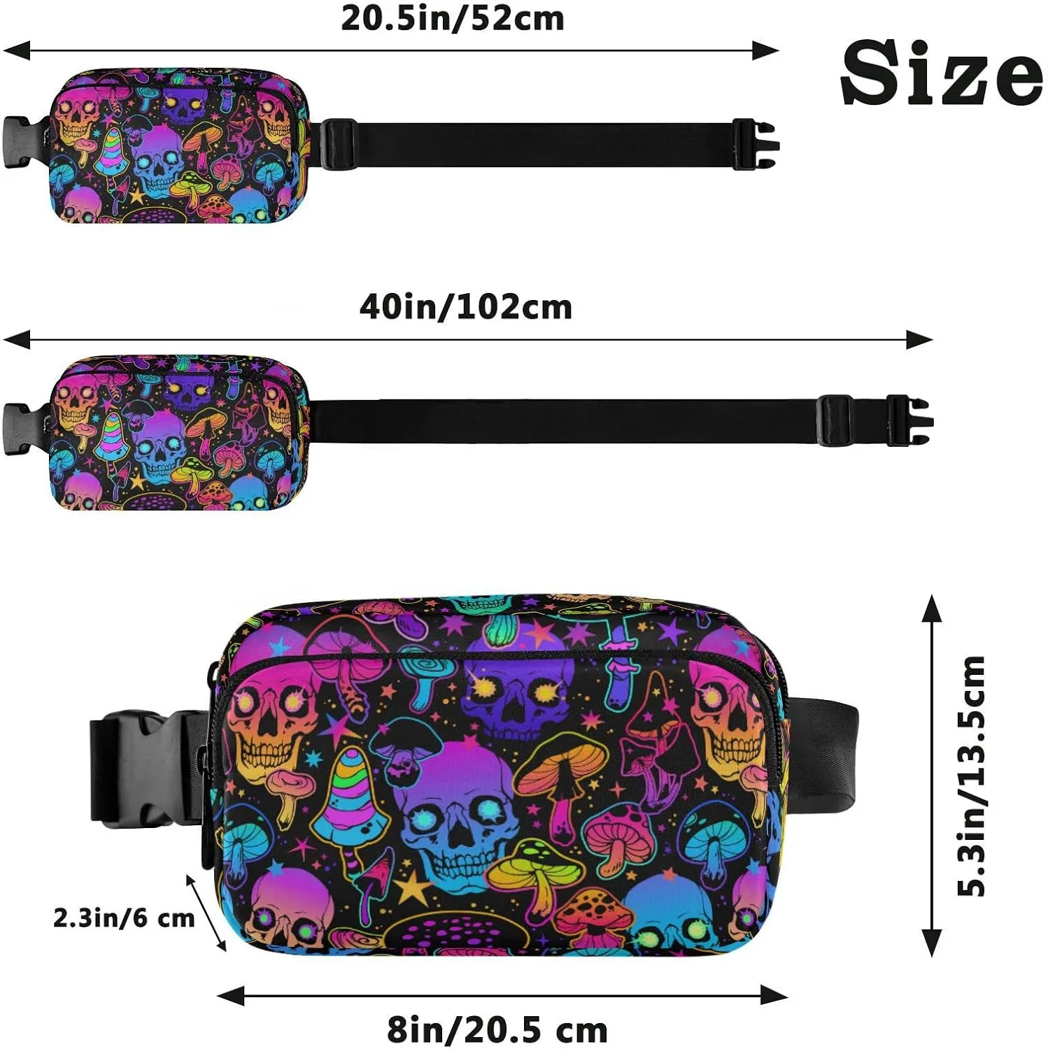 Hiking Fanny Pack Colorful Skull Mushroom Waist Pack Fashion Casual Hip Bum Bag with Adjustable Strap for Women & Men Hands Free Crossbody Bags for Outdoors, Hiking, Running, Travel