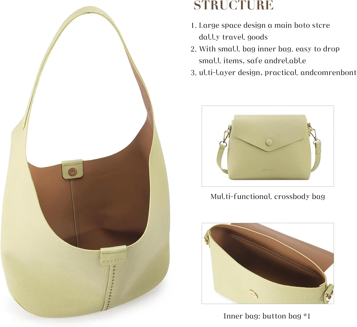 HKCLUF Hobo Bags Purses for Women 2PCS/Set,Soft Vegan Leather Slouchy Shoulder Handbags with Small Crossbody Bags for Women
