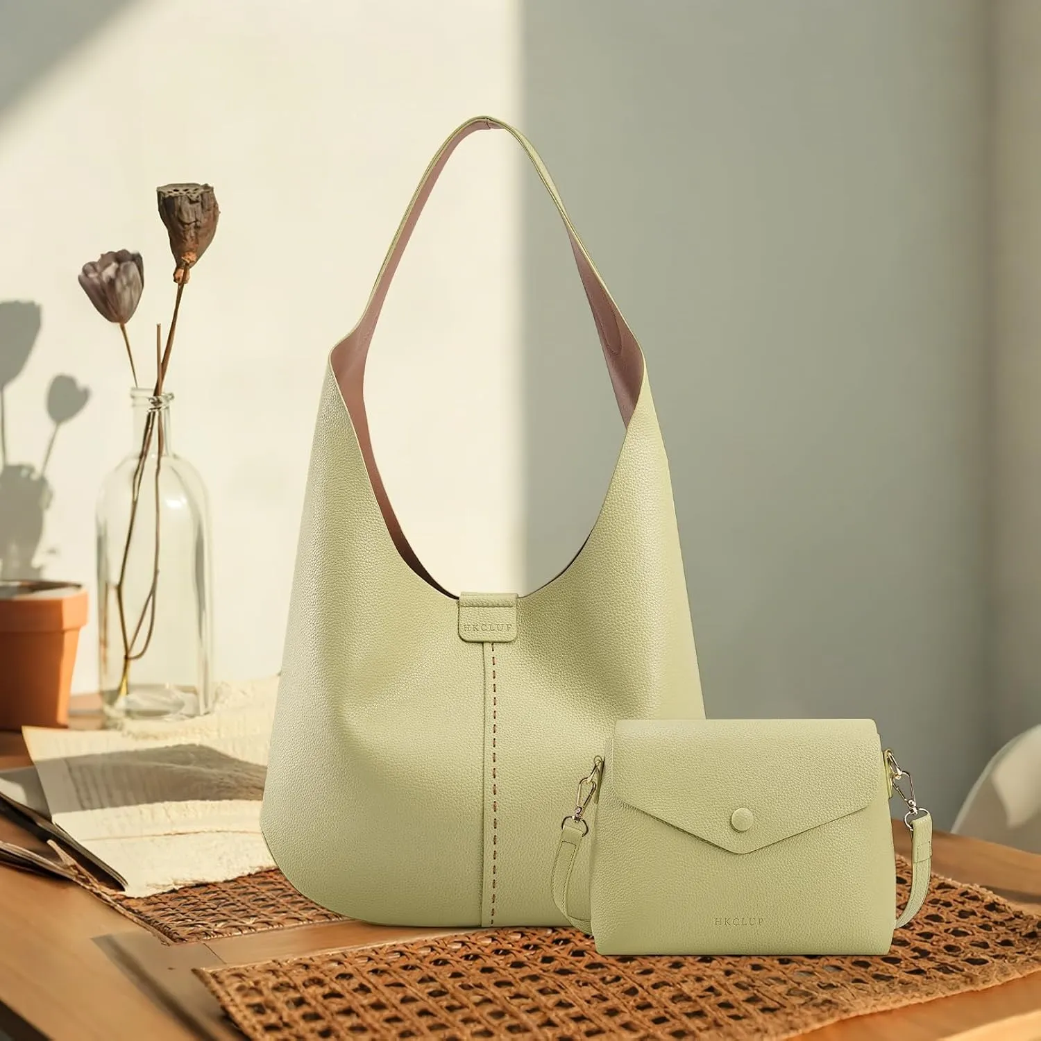 HKCLUF Hobo Bags Purses for Women 2PCS/Set,Soft Vegan Leather Slouchy Shoulder Handbags with Small Crossbody Bags for Women