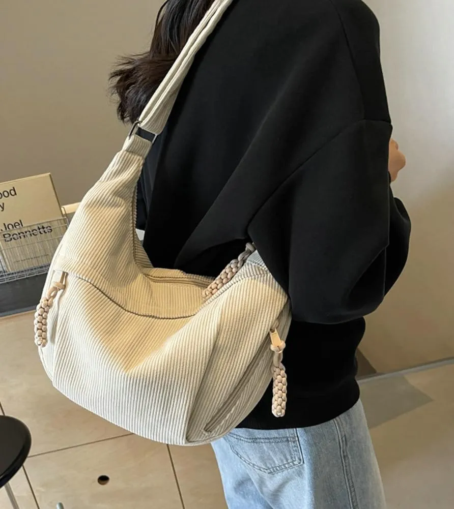 Hobo Bag for Women Men Crescent Shoulder Bag Retro Nylon Canvas Crossbody Bag Slouchy Corduroy Dumpling Bag Purse