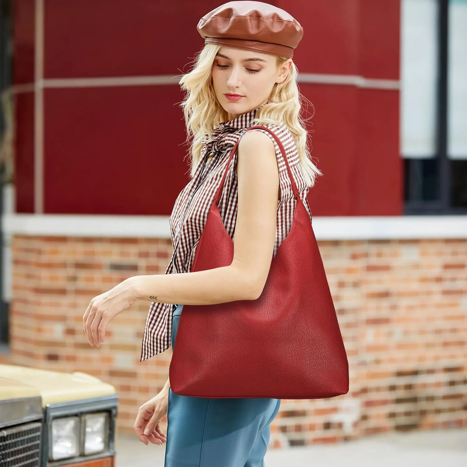 Hobo Bags for Women 2 Pcs, Soft Designer Tote Purses Slouchy Shoulder Bag Vegan Leather Handbag