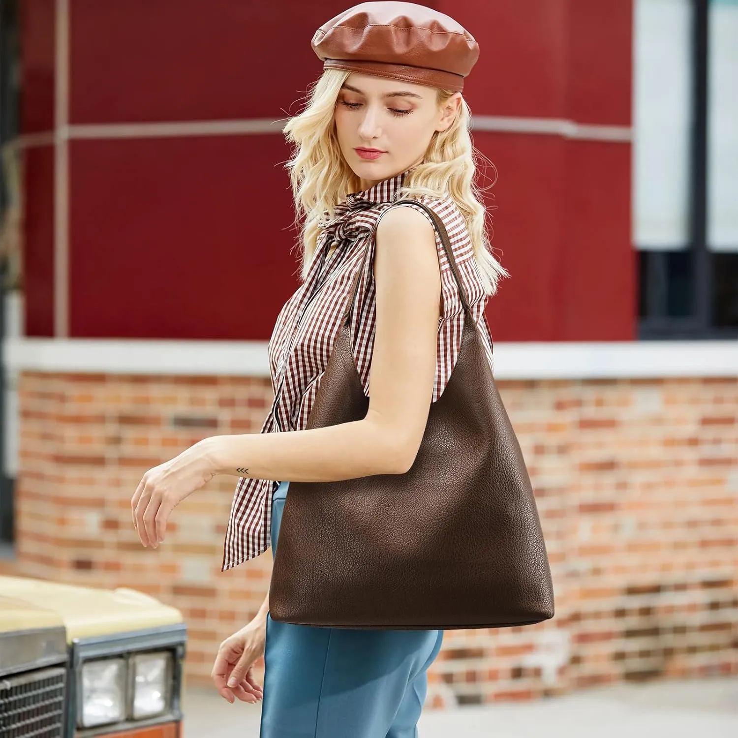 Hobo Bags for Women 2 Pcs, Soft Designer Tote Purses Slouchy Shoulder Bag Vegan Leather Handbag