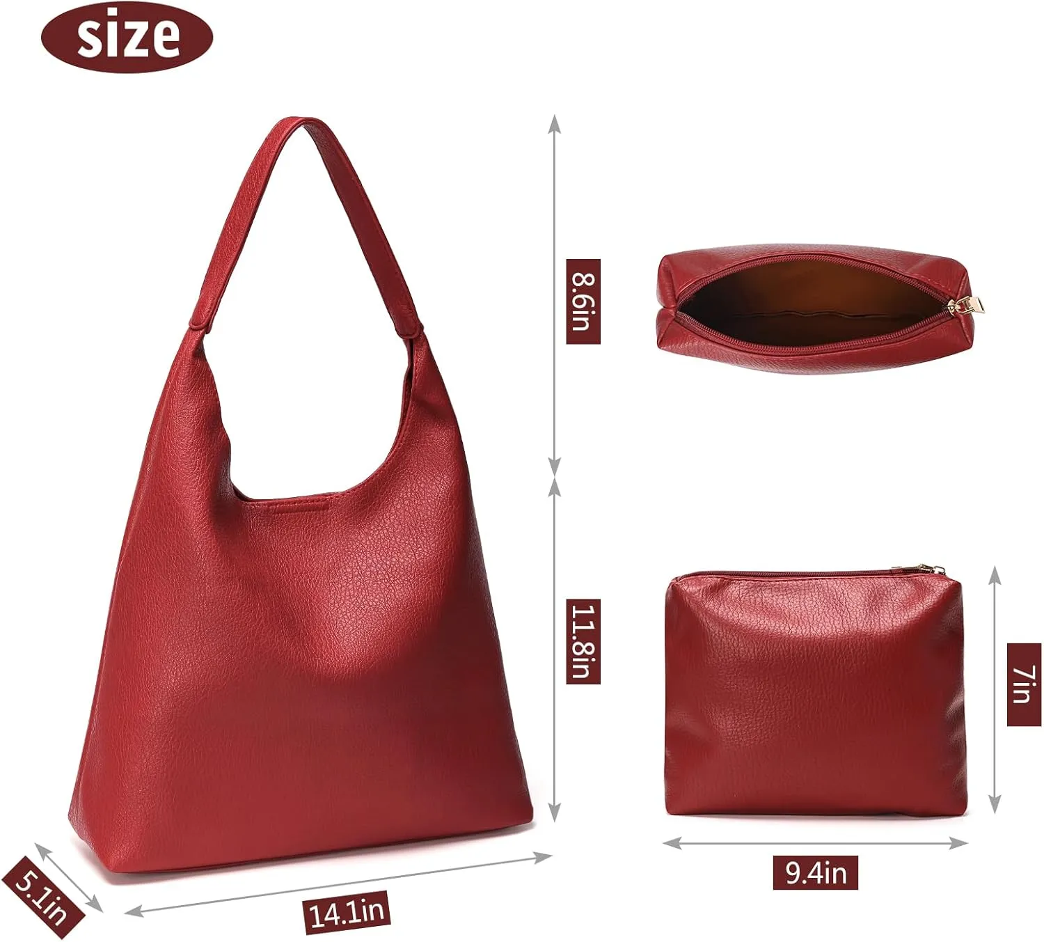 Hobo Bags for Women 2 Pcs, Soft Designer Tote Purses Slouchy Shoulder Bag Vegan Leather Handbag
