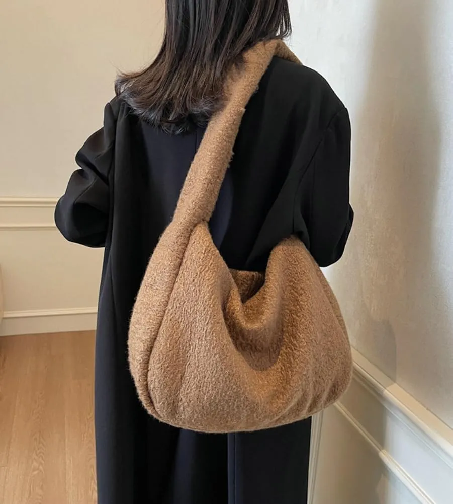 Hobo Bags for Women Fuzzy Bag Slouchy Bag Large Capacity Tote Bag Casual Trendy Bag Soft Shoulder Bag Commuter Tote