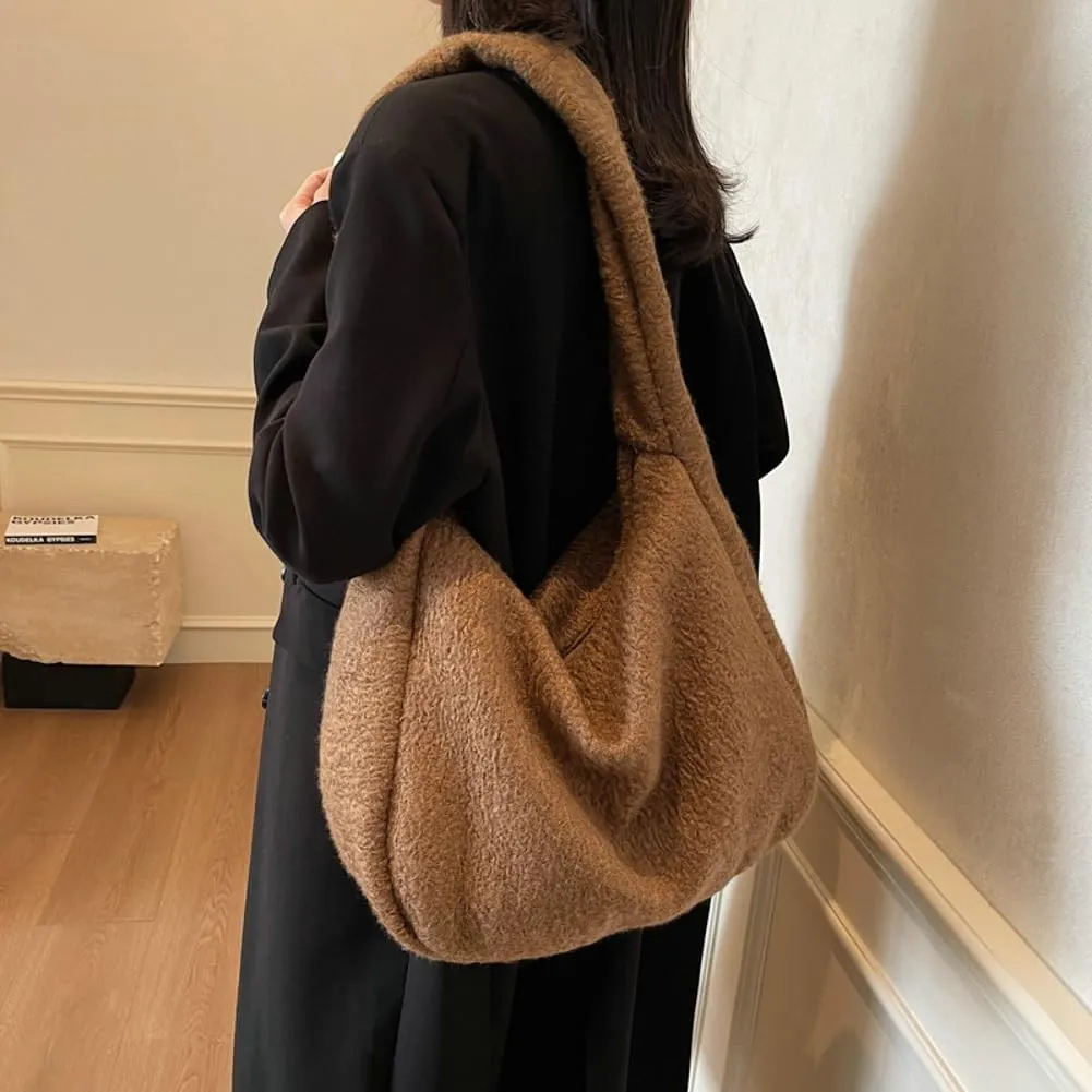 Hobo Bags for Women Fuzzy Bag Slouchy Bag Large Capacity Tote Bag Casual Trendy Bag Soft Shoulder Bag Commuter Tote