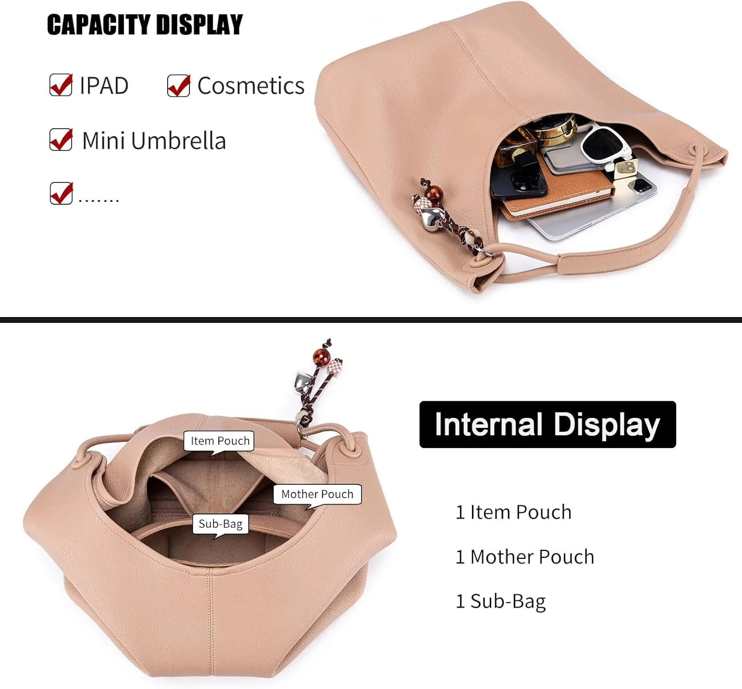 Hobo Purse for Women Trendy Vegan Leather Shoulder Bag Slouchy Hobo Bags with Charm and small Purse