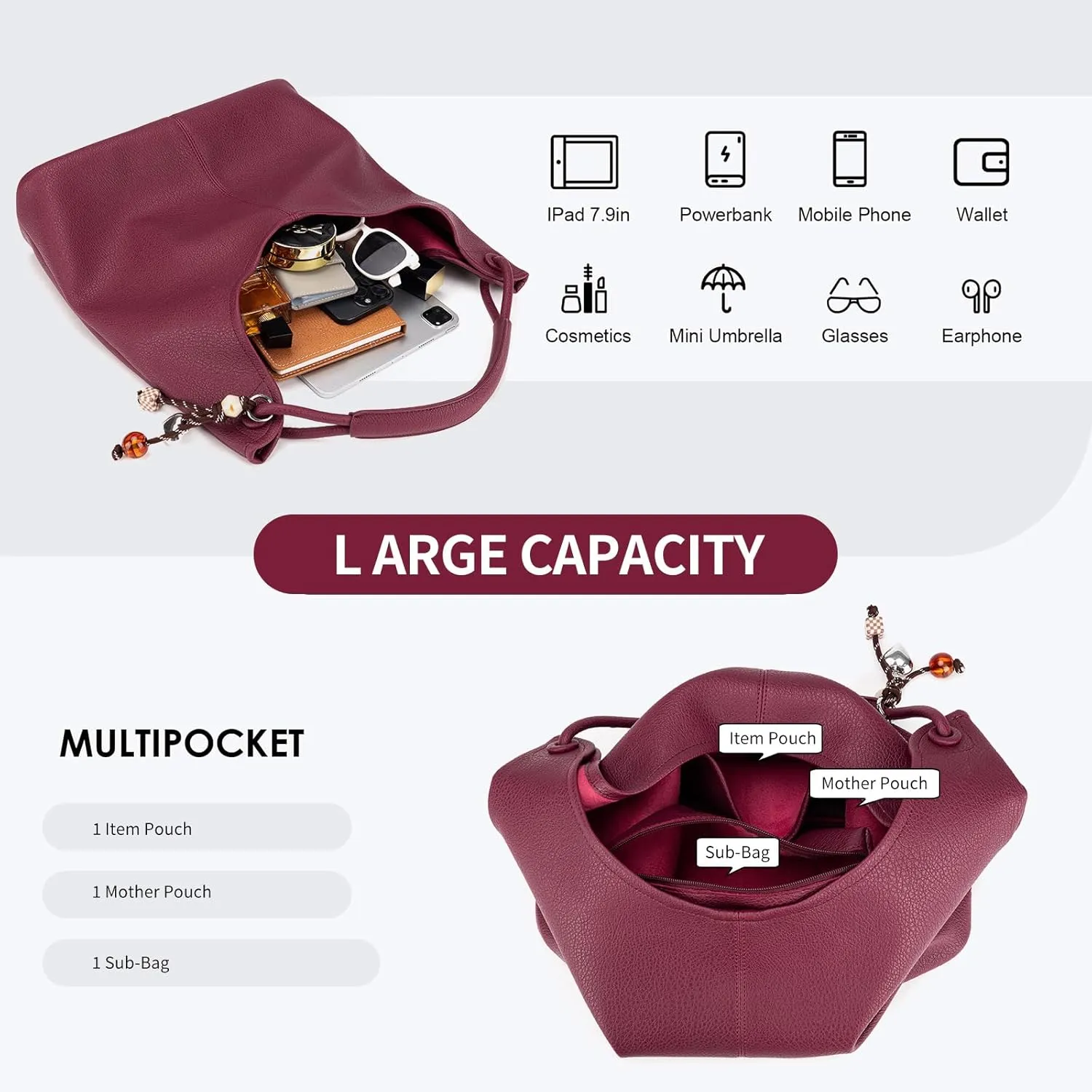 Hobo Purse for Women Trendy Vegan Leather Shoulder Bag Slouchy Hobo Bags with Charm and small Purse