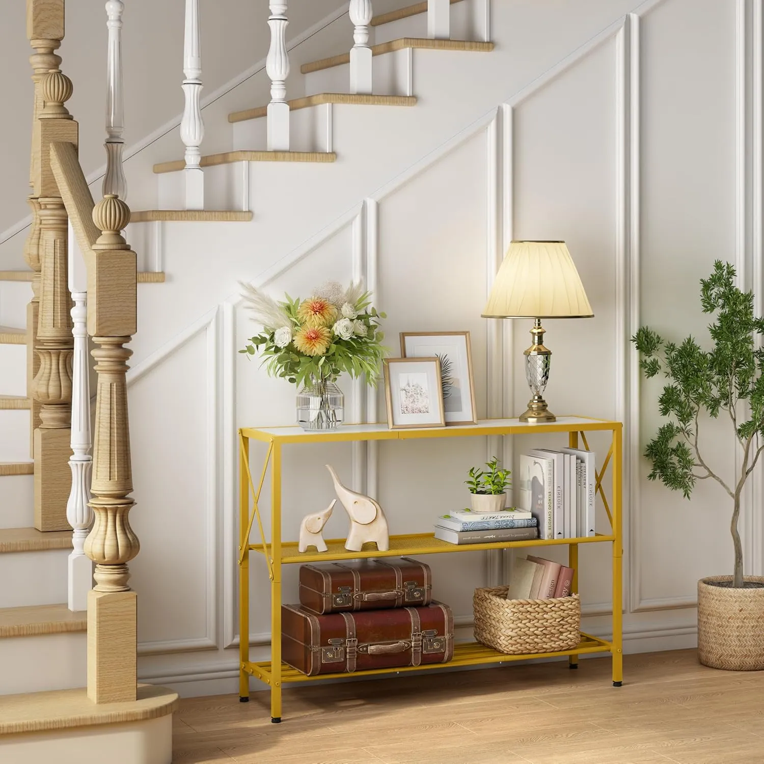 Hoctieon Gold Console Table, 3 Tier Entryway Tables, Hallway Desk, Narrow Sofa Tables with Shelves, Entrance Desk for Entryway, Gold and White