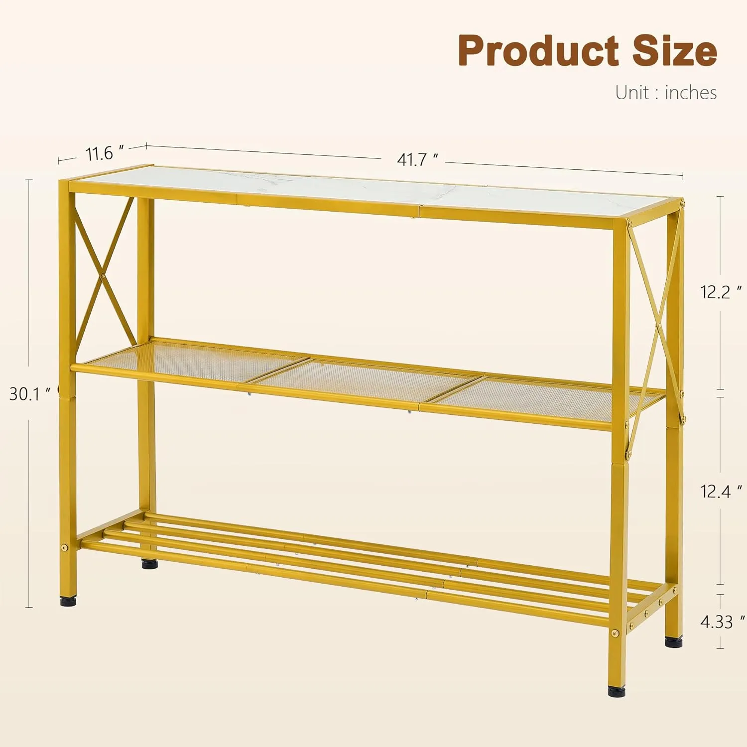 Hoctieon Gold Console Table, 3 Tier Entryway Tables, Hallway Desk, Narrow Sofa Tables with Shelves, Entrance Desk for Entryway, Gold and White
