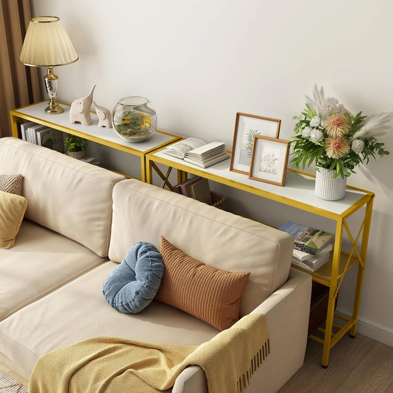 Hoctieon Gold Console Table, 3 Tier Entryway Tables, Hallway Desk, Narrow Sofa Tables with Shelves, Entrance Desk for Entryway, Gold and White