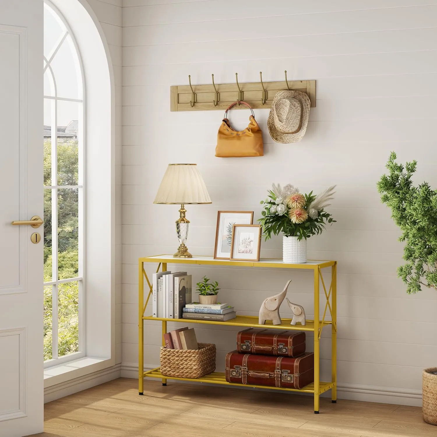 Hoctieon Gold Console Table, 3 Tier Entryway Tables, Hallway Desk, Narrow Sofa Tables with Shelves, Entrance Desk for Entryway, Gold and White