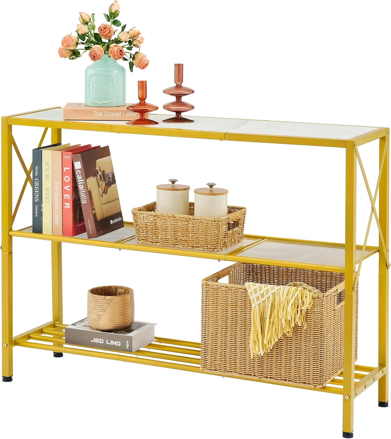 Hoctieon Gold Console Table, 3 Tier Entryway Tables, Hallway Desk, Narrow Sofa Tables with Shelves, Entrance Desk for Entryway, Gold and White