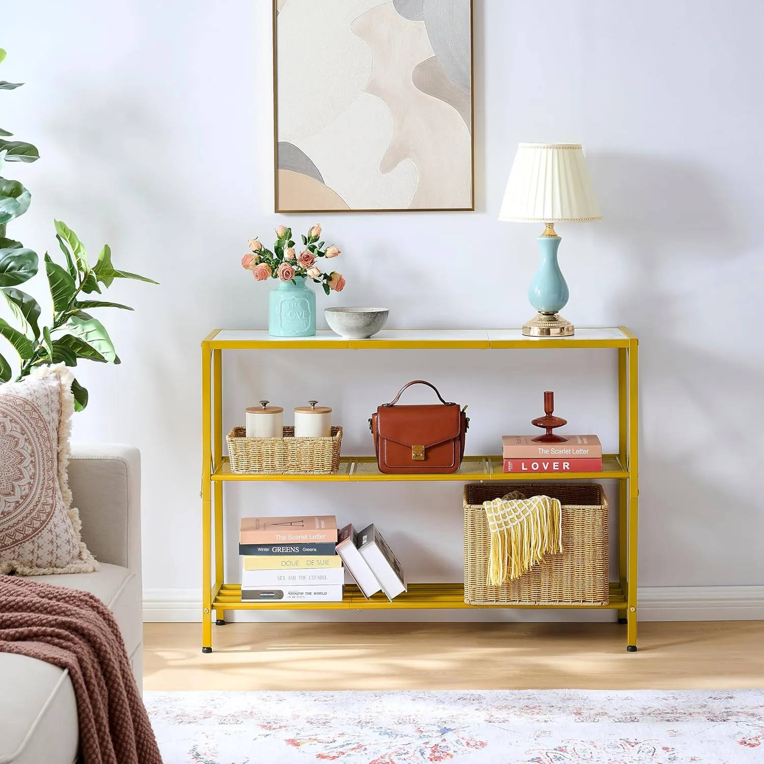 Hoctieon Gold Console Table, 3 Tier Entryway Tables, Hallway Desk, Narrow Sofa Tables with Shelves, Entrance Desk for Entryway, Gold and White