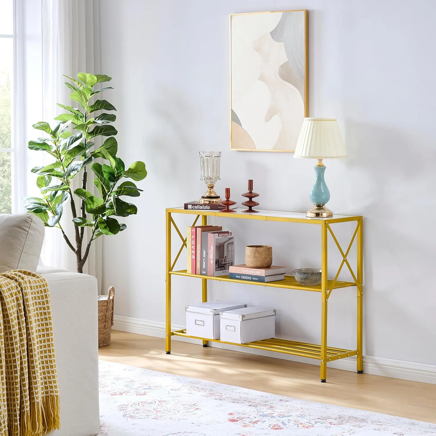 Hoctieon Gold Console Table, 3 Tier Entryway Tables, Hallway Desk, Narrow Sofa Tables with Shelves, Entrance Desk for Entryway, Gold and White
