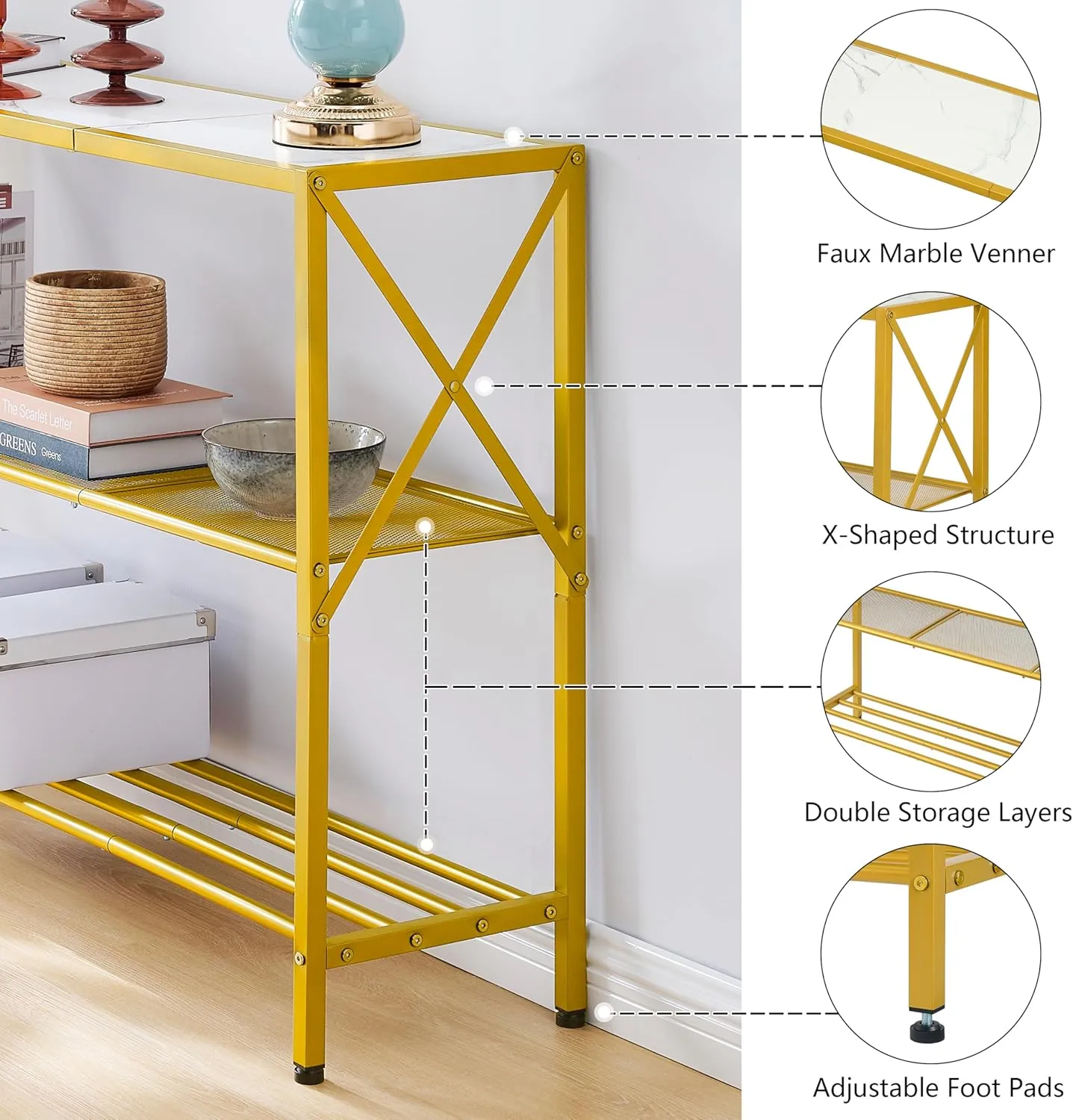 Hoctieon Gold Console Table, 3 Tier Entryway Tables, Hallway Desk, Narrow Sofa Tables with Shelves, Entrance Desk for Entryway, Gold and White