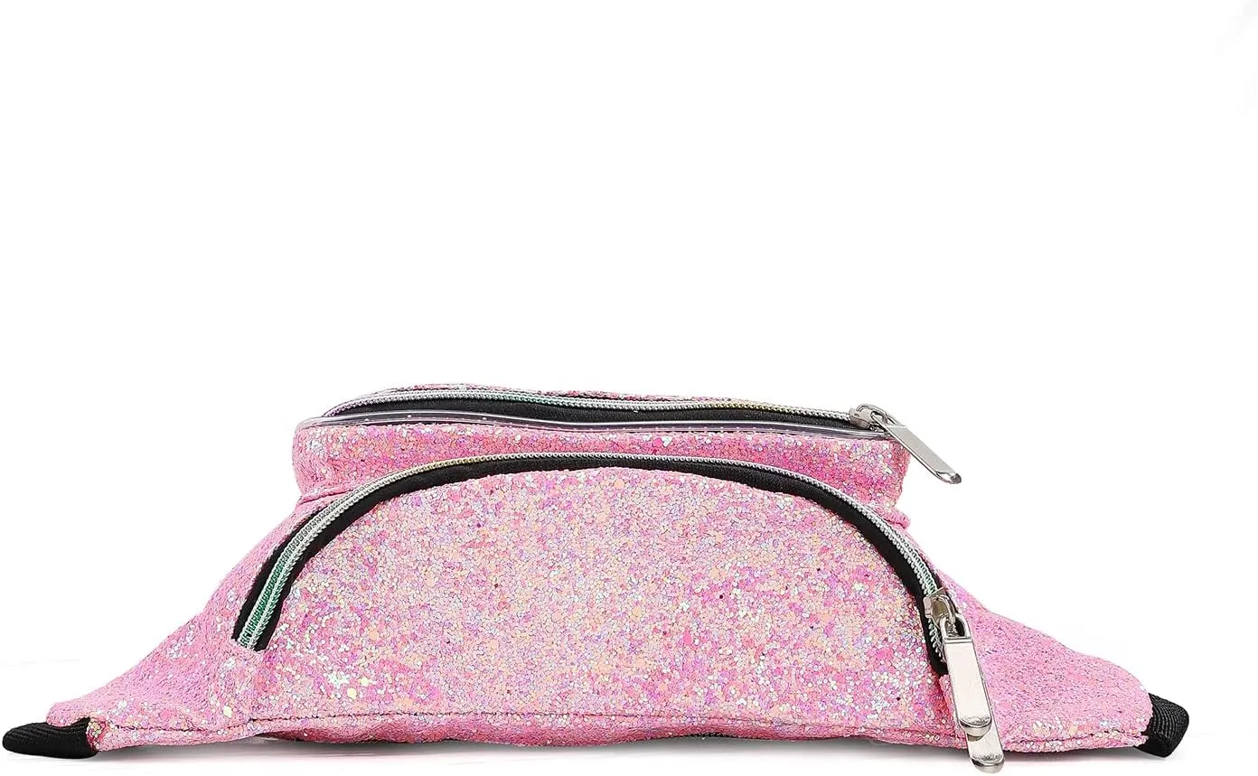 Holographic Rave Pink Gravel Glitter Fanny Pack For Women Grils Festival Waist Belt Bags -Pink Gravel