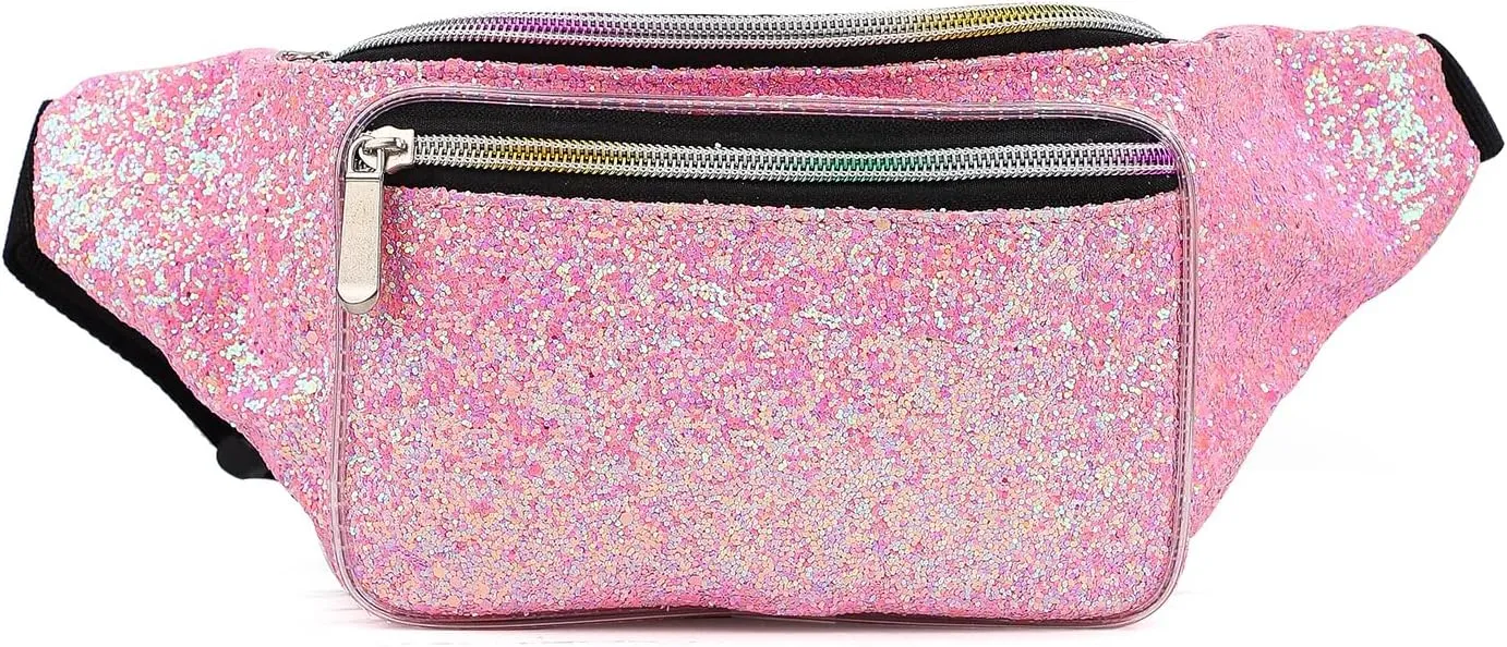 Holographic Rave Pink Gravel Glitter Fanny Pack For Women Grils Festival Waist Belt Bags -Pink Gravel