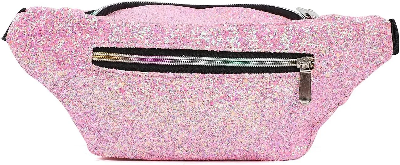 Holographic Rave Pink Gravel Glitter Fanny Pack For Women Grils Festival Waist Belt Bags -Pink Gravel