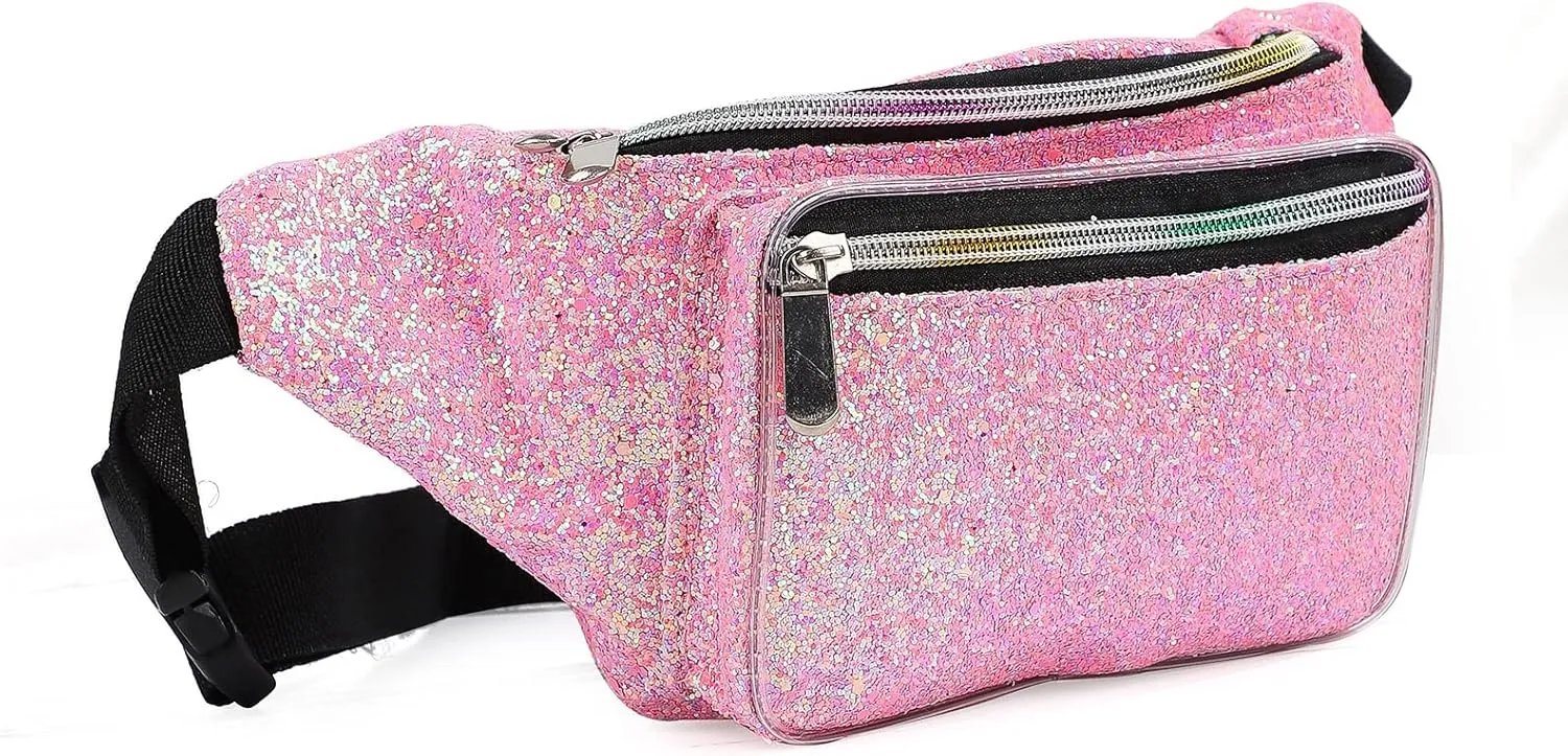 Holographic Rave Pink Gravel Glitter Fanny Pack For Women Grils Festival Waist Belt Bags -Pink Gravel