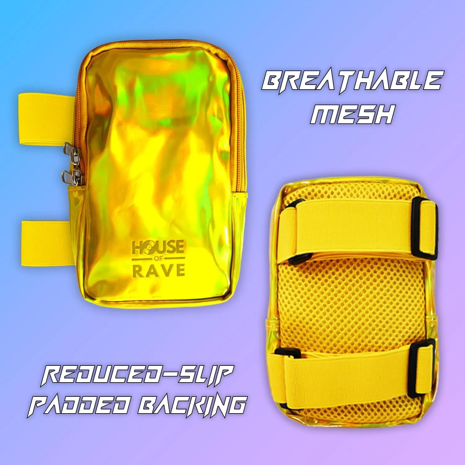 Holographic Thigh Bag No-Slip-Padded Backing - Inner Pockets & Double Zipper Carnival Thigh Bag for Women - Iridescent Leg Bag - Reflective Phone Holder (Gold)