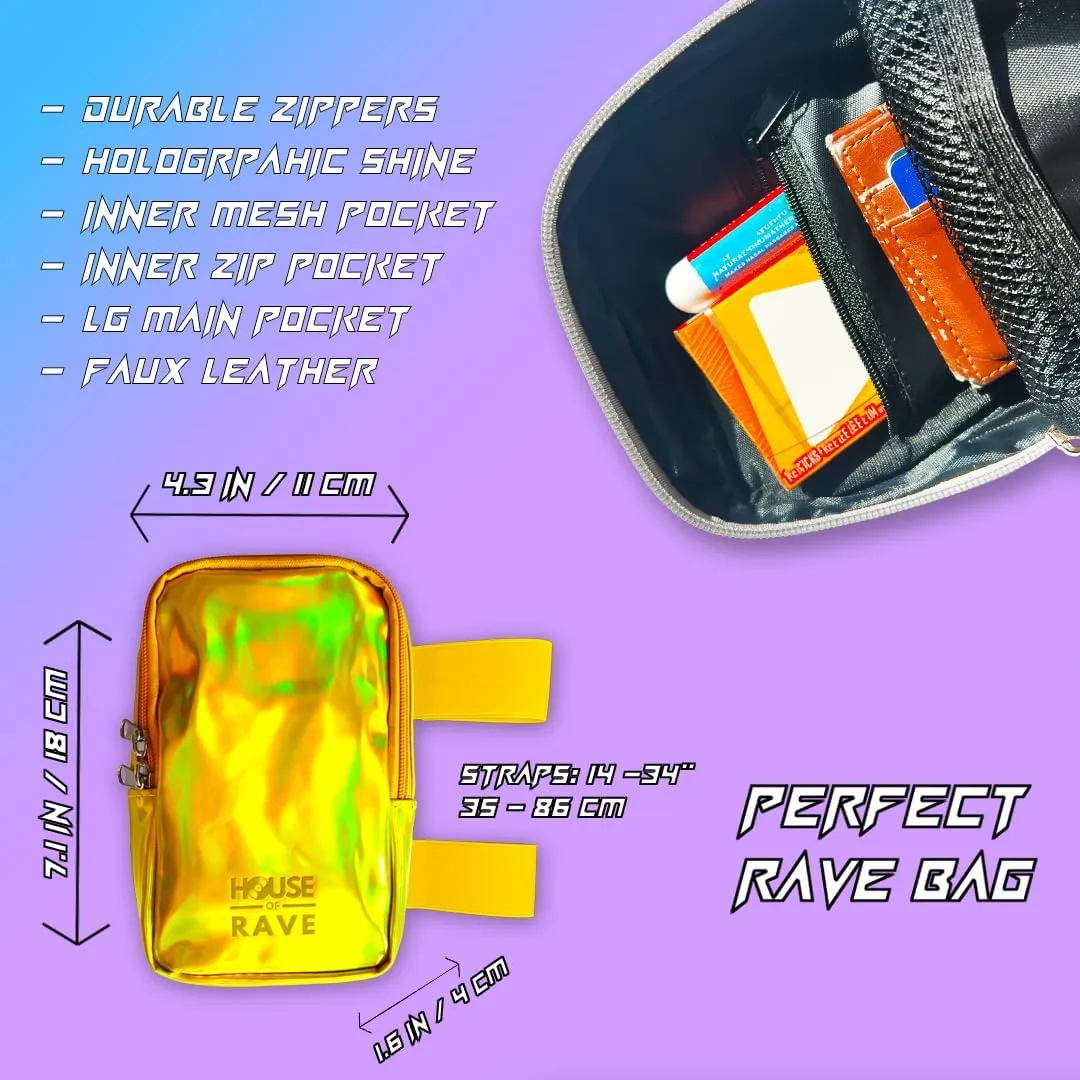 Holographic Thigh Bag No-Slip-Padded Backing - Inner Pockets & Double Zipper Carnival Thigh Bag for Women - Iridescent Leg Bag - Reflective Phone Holder (Gold)