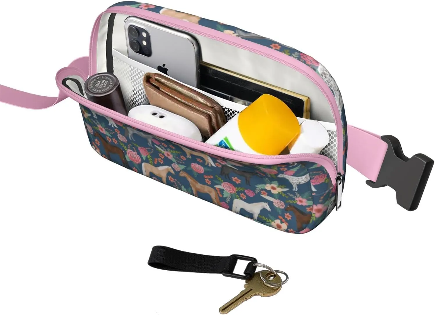 Horse Mini Belt Bag for Men Women Pony Floral Waist Packs Crossbody Bags Adjustable Strap for Hiking Cycling Sports