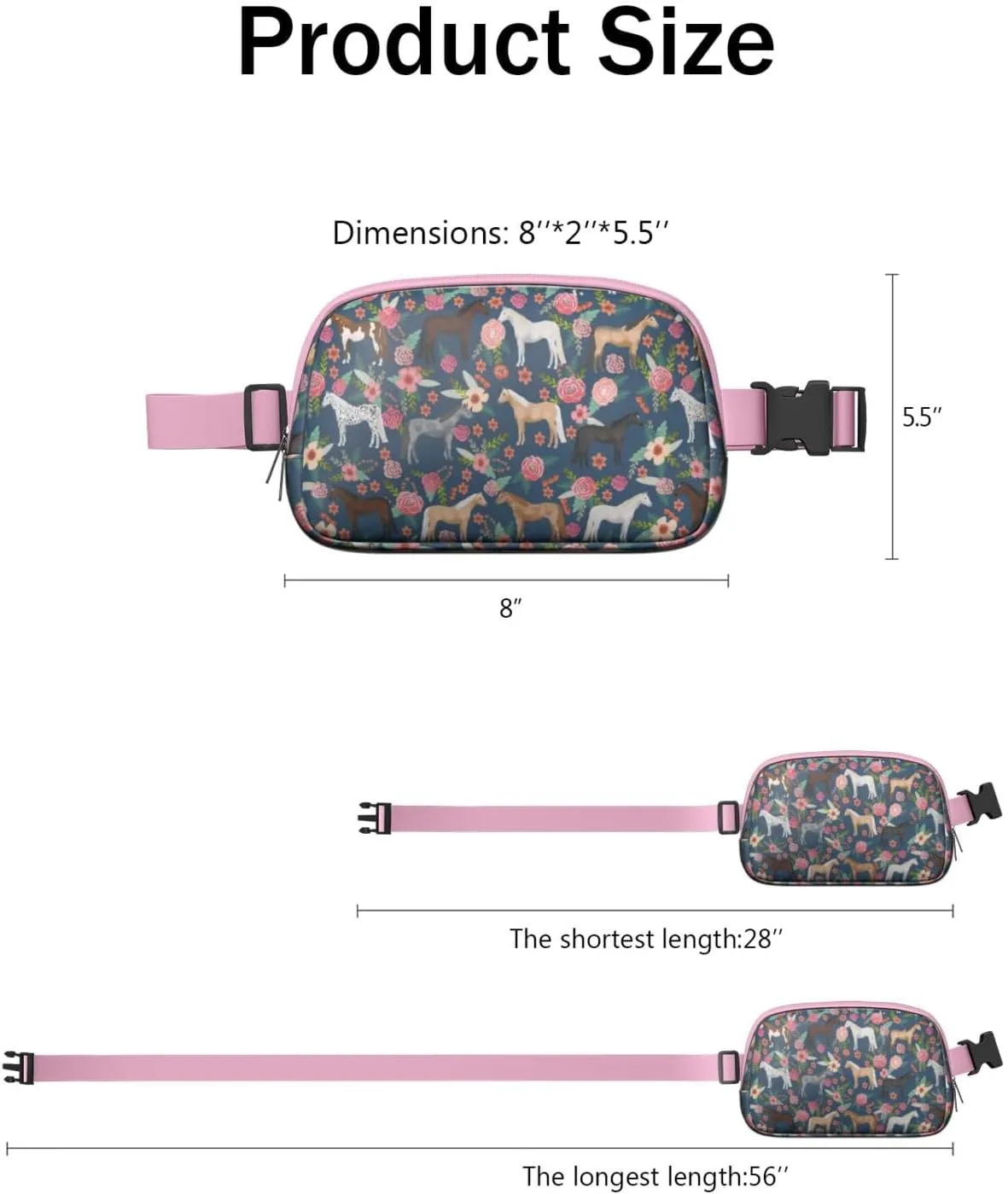 Horse Mini Belt Bag for Men Women Pony Floral Waist Packs Crossbody Bags Adjustable Strap for Hiking Cycling Sports