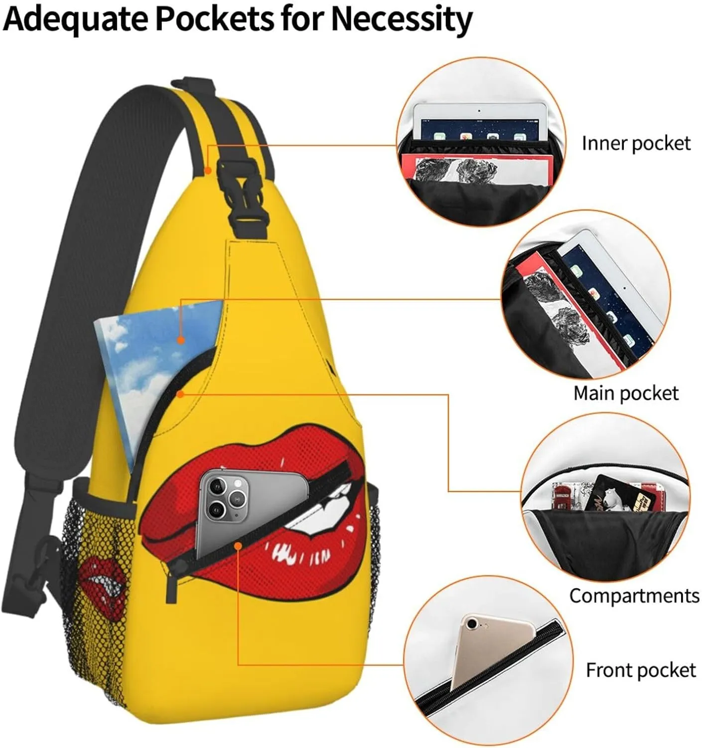 Hot Biting Red Lips Crossbody Bag Cross Chest Bag Adjustable Sling Backpack Sports Gym Shoulder Bags Travel Cycling Daypack Diagonally Casual Rucksack