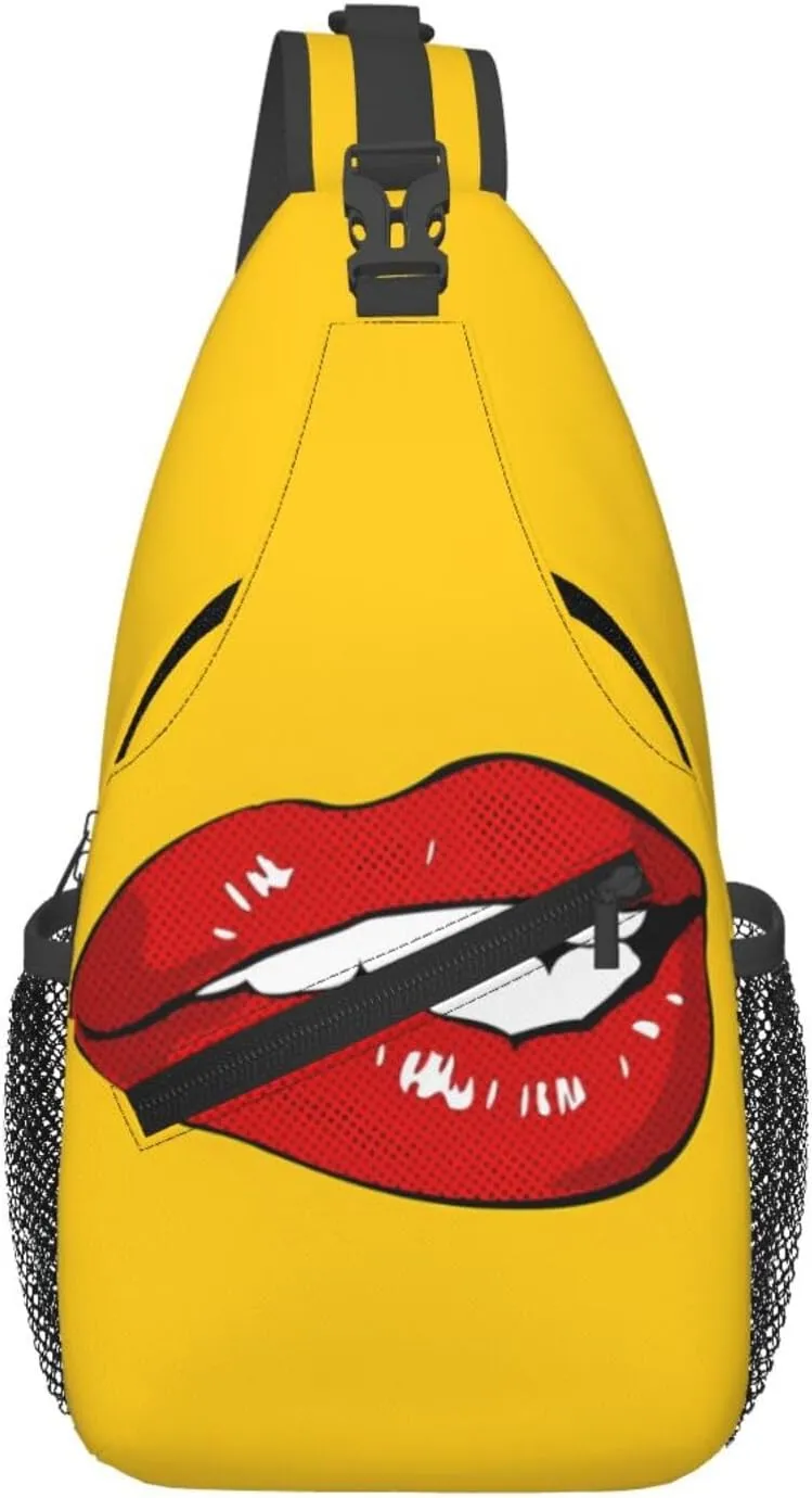 Hot Biting Red Lips Crossbody Bag Cross Chest Bag Adjustable Sling Backpack Sports Gym Shoulder Bags Travel Cycling Daypack Diagonally Casual Rucksack