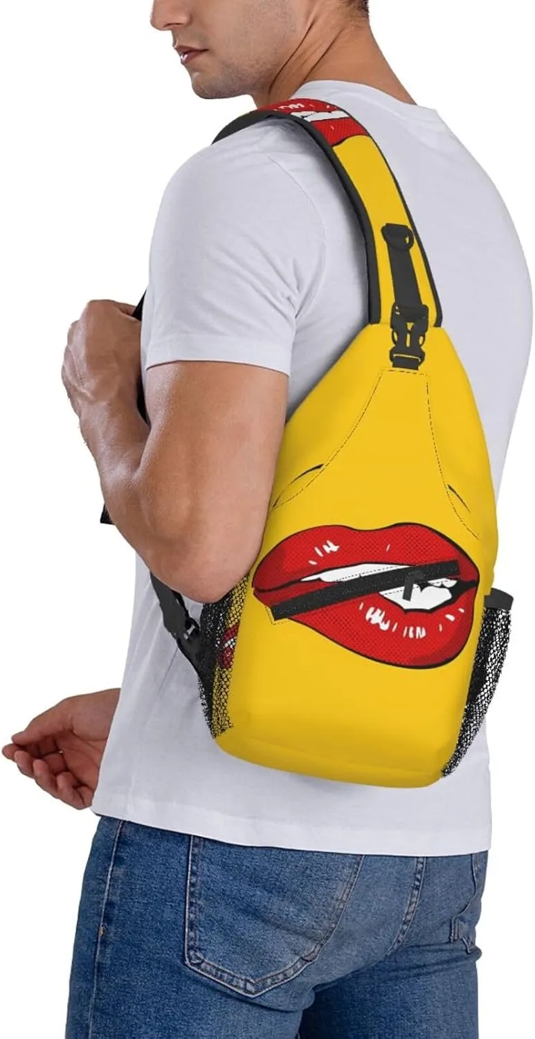 Hot Biting Red Lips Crossbody Bag Cross Chest Bag Adjustable Sling Backpack Sports Gym Shoulder Bags Travel Cycling Daypack Diagonally Casual Rucksack