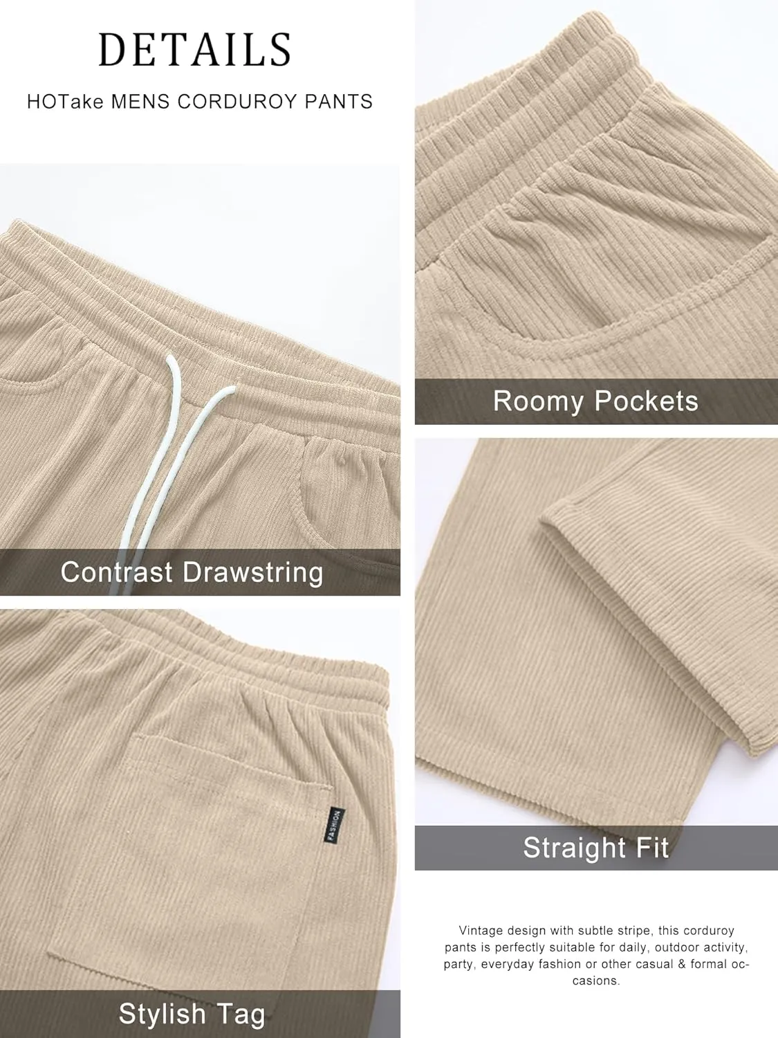 HOTake Men's Casual Corduroy Pants Elastic Waist Drawstring Baggy Sweatpants Loose Fit