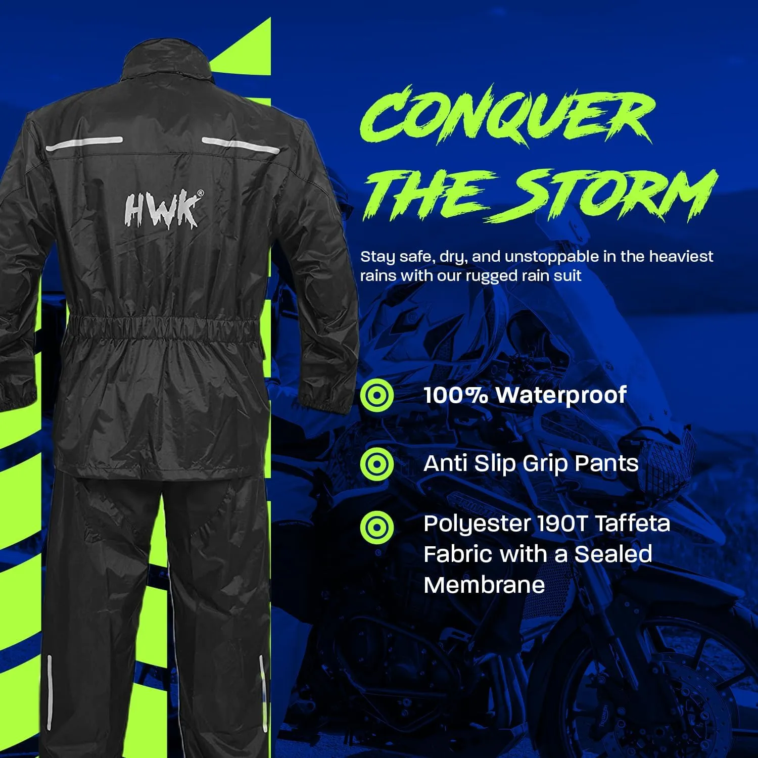 HWK Motorcycle Rain Suit for Men and Women, Two-Piece Waterproof Motorcycle Rain Gear with Reflective Jacket and Pants, All-Season Weatherproof Protection for Riding, Black, 4X-Large