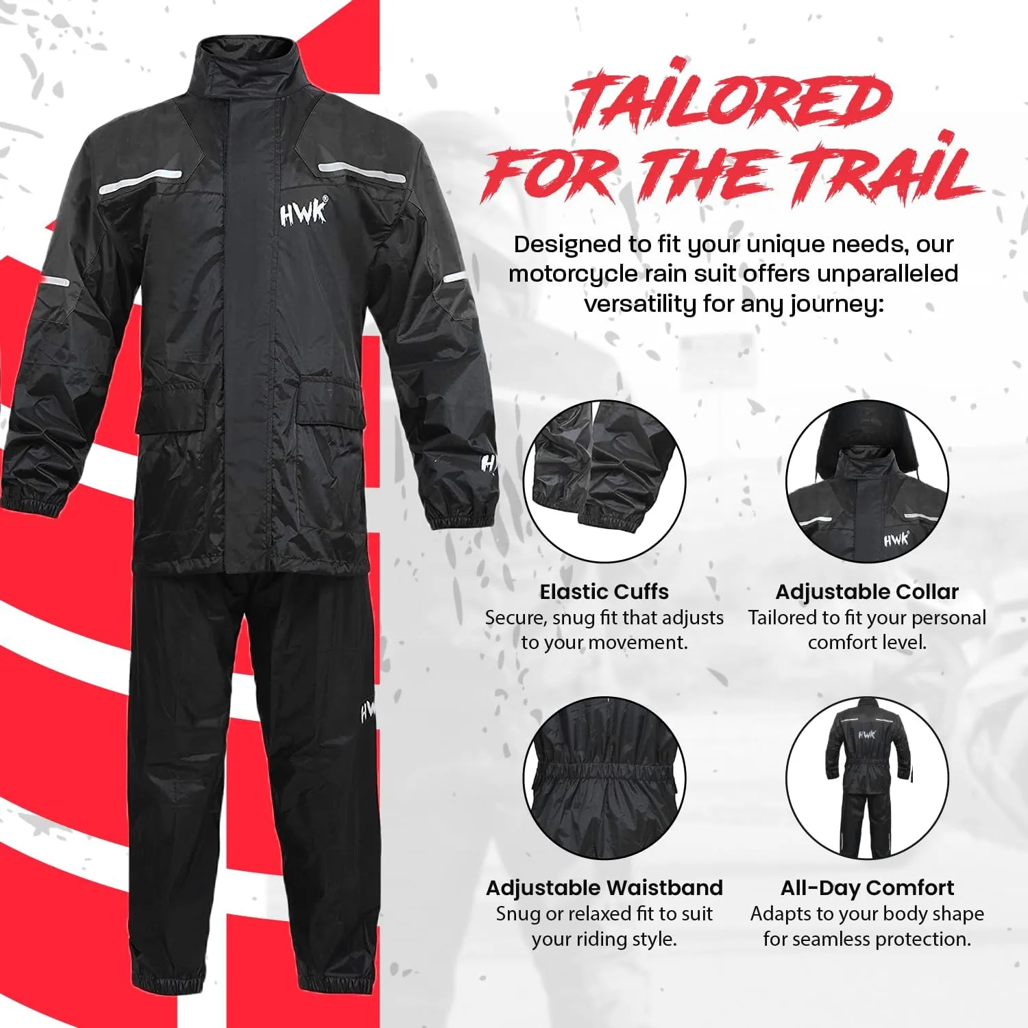 HWK Motorcycle Rain Suit for Men and Women, Two-Piece Waterproof Motorcycle Rain Gear with Reflective Jacket and Pants, All-Season Weatherproof Protection for Riding, Black, 4X-Large