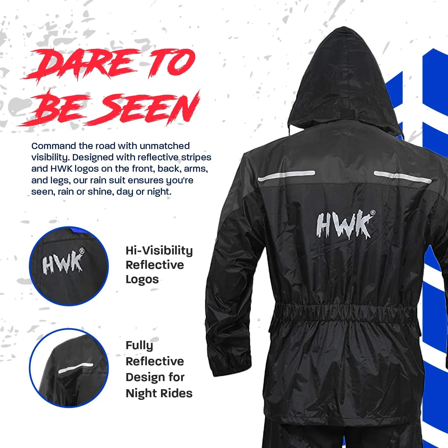 HWK Motorcycle Rain Suit for Men and Women, Two-Piece Waterproof Motorcycle Rain Gear with Reflective Jacket and Pants, All-Season Weatherproof Protection for Riding, Black, 4X-Large
