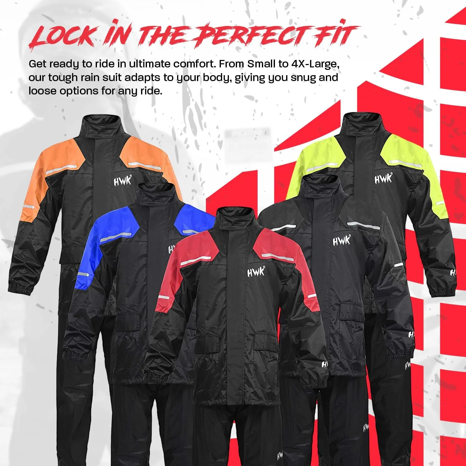 HWK Motorcycle Rain Suit for Men and Women, Two-Piece Waterproof Motorcycle Rain Gear with Reflective Jacket and Pants, All-Season Weatherproof Protection for Riding, Black, 4X-Large